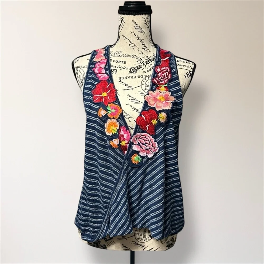 Free People XS Blue Striped Embroidered Faux Wrap Tank Boho Floral Top Festival‎